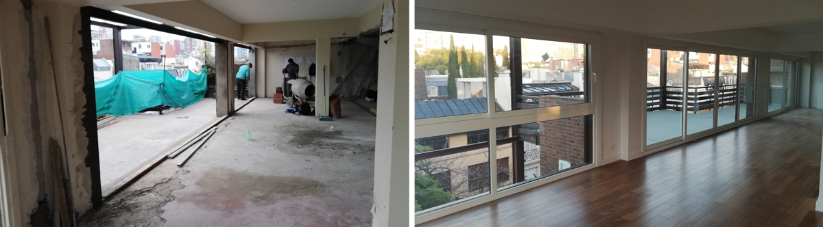 Proceso de cambio de ventanales de hierro por PVC amurado sobre carpeta hidrofuga recambio de ventana